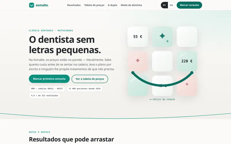 Página inicial: a clínica, a marcação e a tabela de preços.