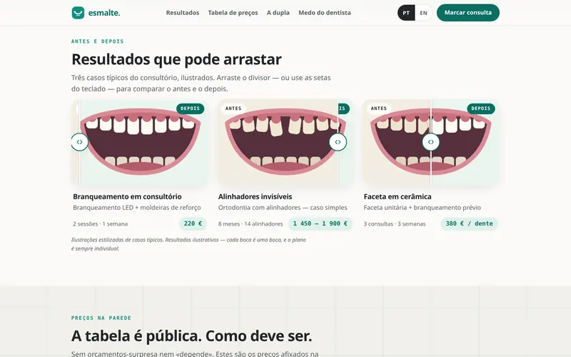 Casos ilustrados com comparador, tratamento, sessões e preço.