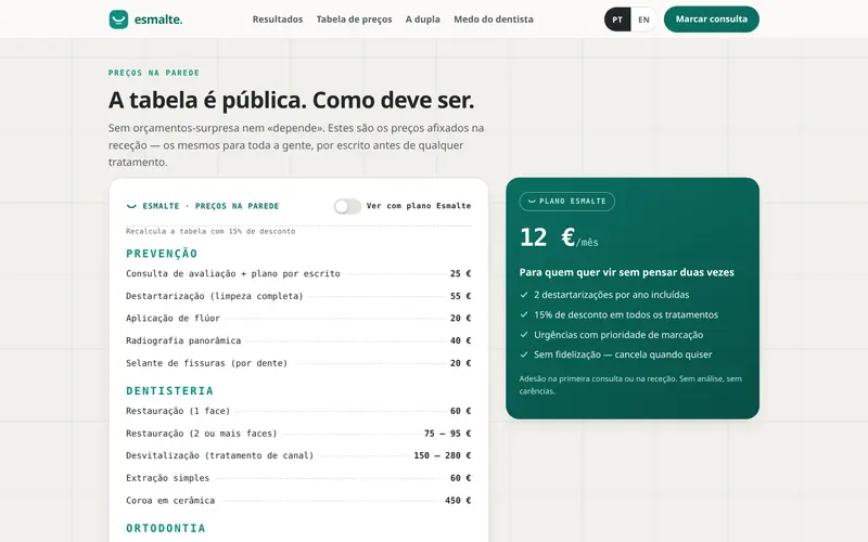 A tabela de preços por grupo, como na parede da receção.