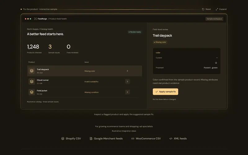 The interactive sample: the products with errors and the failing field.