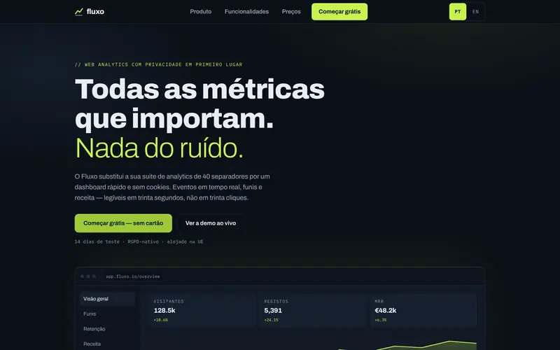 Página inicial: a proposta, os botões e uma ilustração do produto.