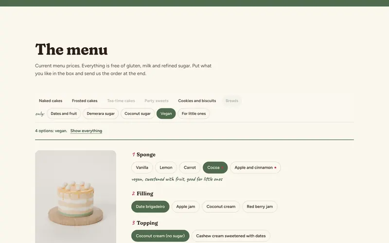 The menu filtered, with prices and what sweetens each cake.