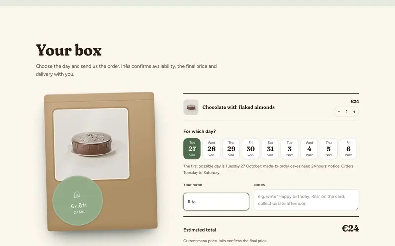 The box ready, with the day and the total.