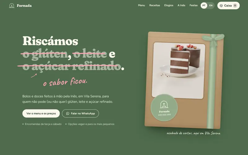 A abertura: o bolo na caixa de papel e o caminho para o menu.