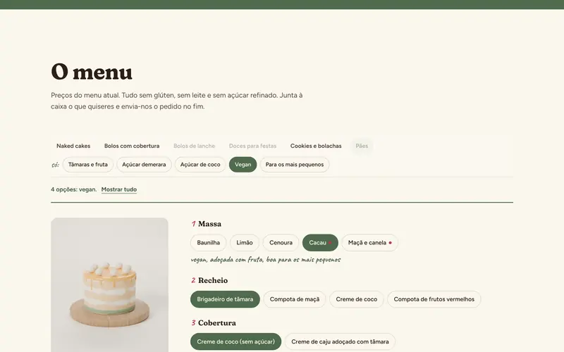 O menu filtrado, com preços e o que adoça cada bolo.