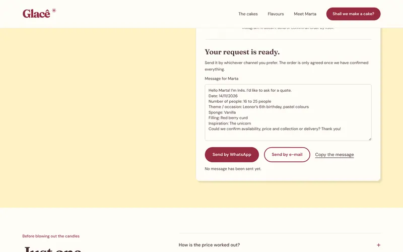 The message ready, with WhatsApp, e-mail or copy.