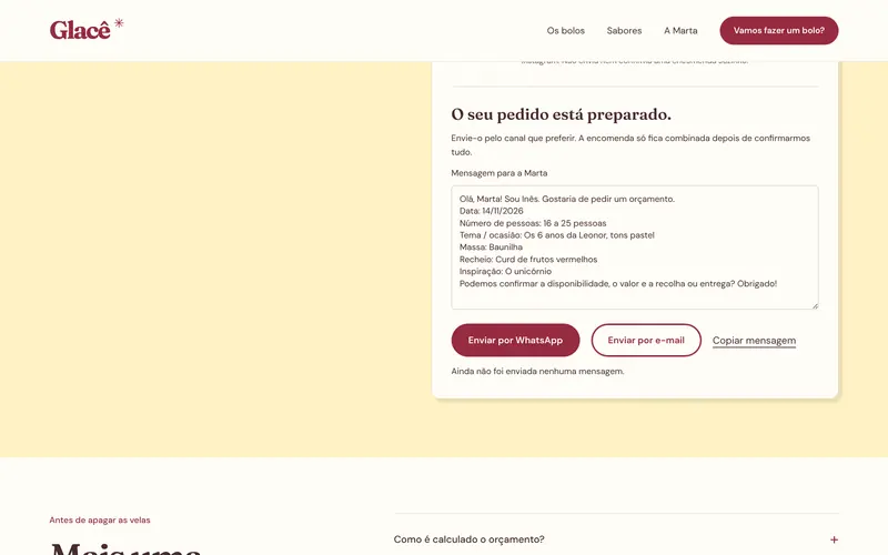A mensagem pronta, com WhatsApp, e-mail ou copiar.