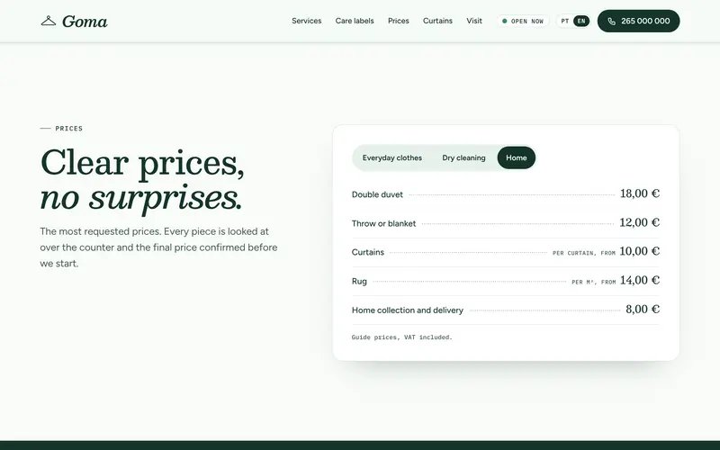 The price list: everyday clothes, dry cleaning, home.