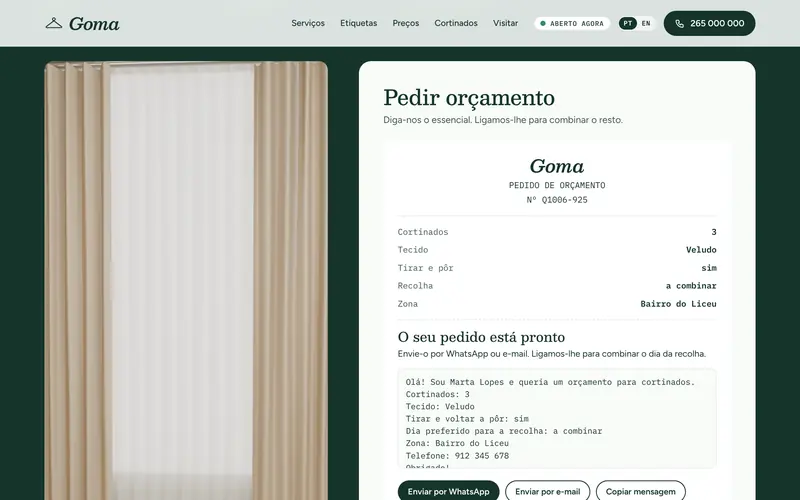 O talão do pedido e a mensagem pronta a enviar.