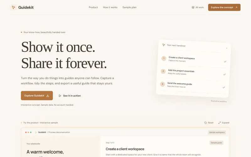The top: headline, promise and a card with a guide’s steps.
