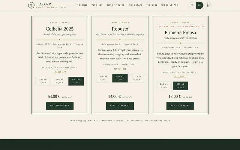 Each oil: varieties, acidity, lot, sizes and price per litre.