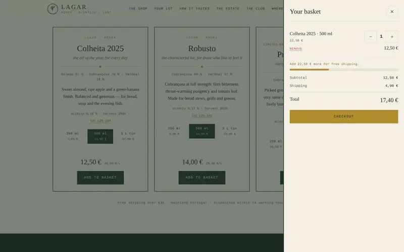 The cart: quantities, shipping and a bar towards free shipping.