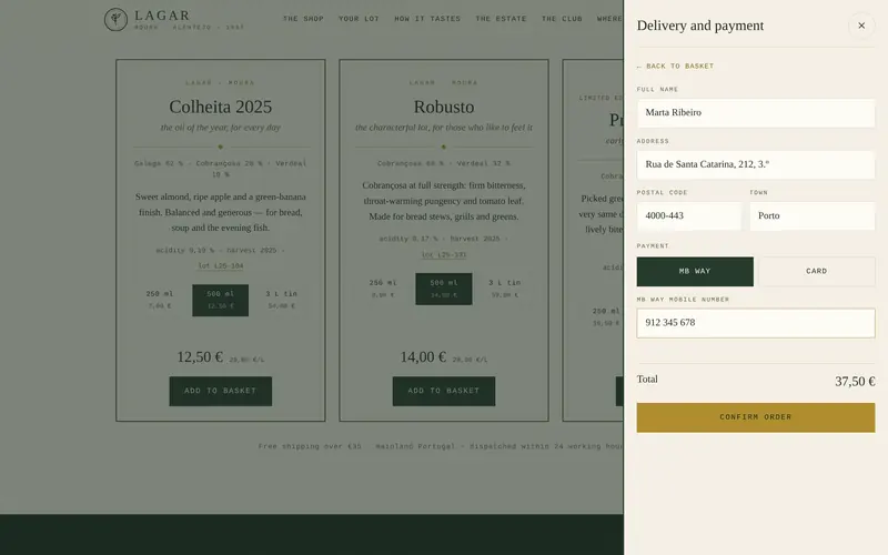 Checkout in a side panel: name, address and contact.