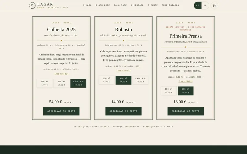 Cada azeite: variedades, acidez, lote, formatos e preço por litro.