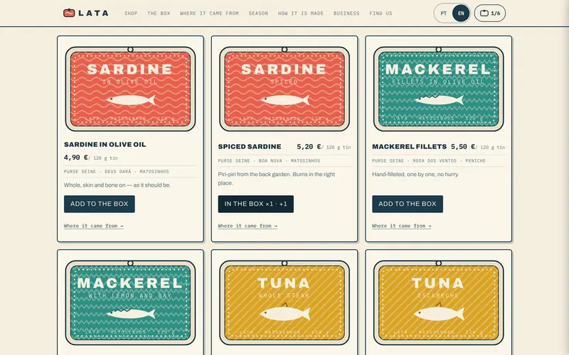 Eight tins: unit price, origin, and add to the box.