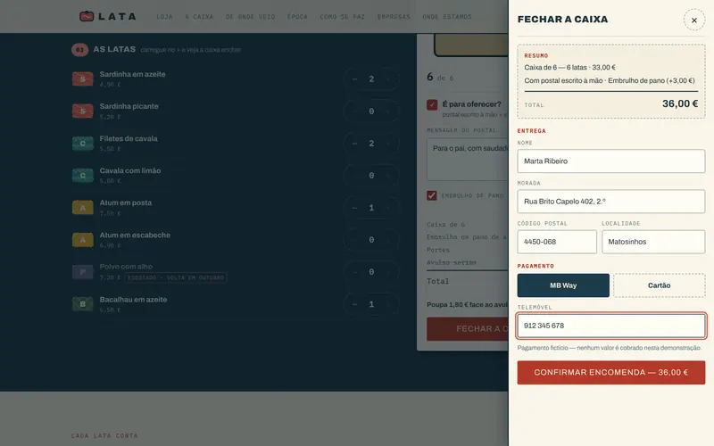 O checkout: resumo da caixa, entrega e contacto.