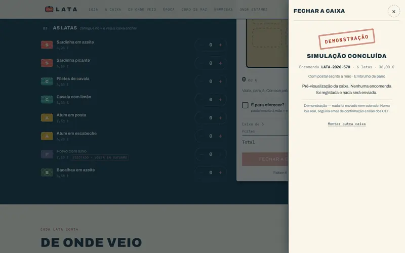 A confirmação da caixa, com número de encomenda.