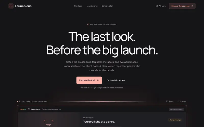 The top: headline, promise and the two main buttons.