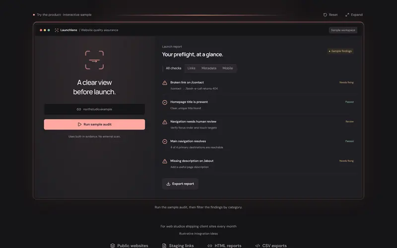 The interactive sample: the address to check, with the report alongside.