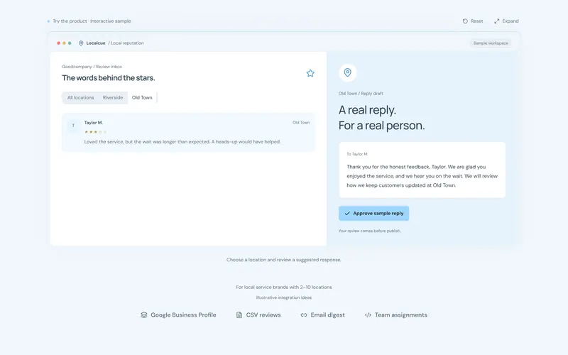 Filtered by location: the review, with a suggested reply alongside.