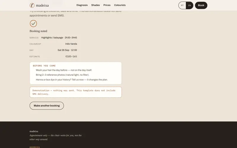 The confirmation: service, colourist, day and estimate.