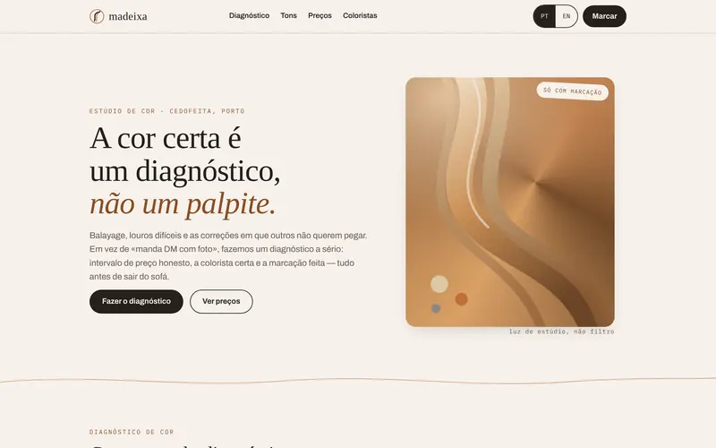 Página inicial: o estúdio, o diagnóstico e o preçário à vista.