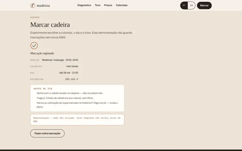 A confirmação: serviço, colorista, dia e estimativa.