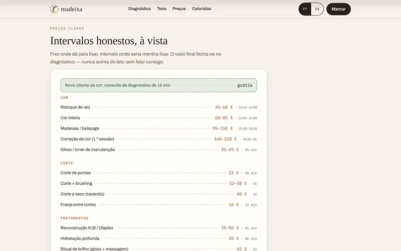 O preçário em forma de recibo: cor, corte, tratamentos e noivas.