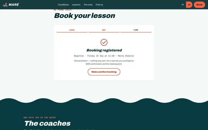 The booking confirmation, with level, day and time.