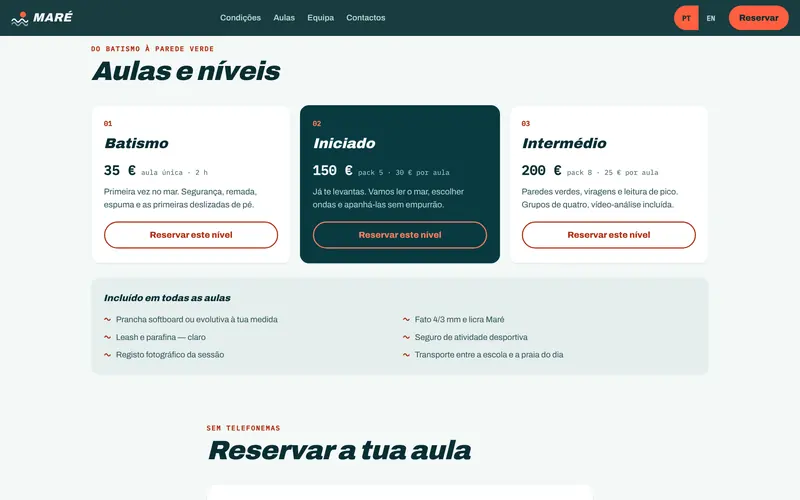 Aulas e níveis: batismo e packs, com o que está incluído.
