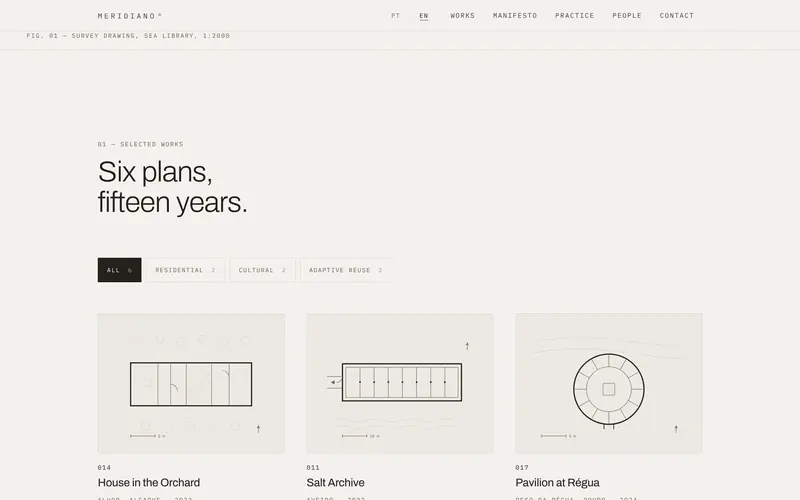 Six works as plans, with number, year, area and status.