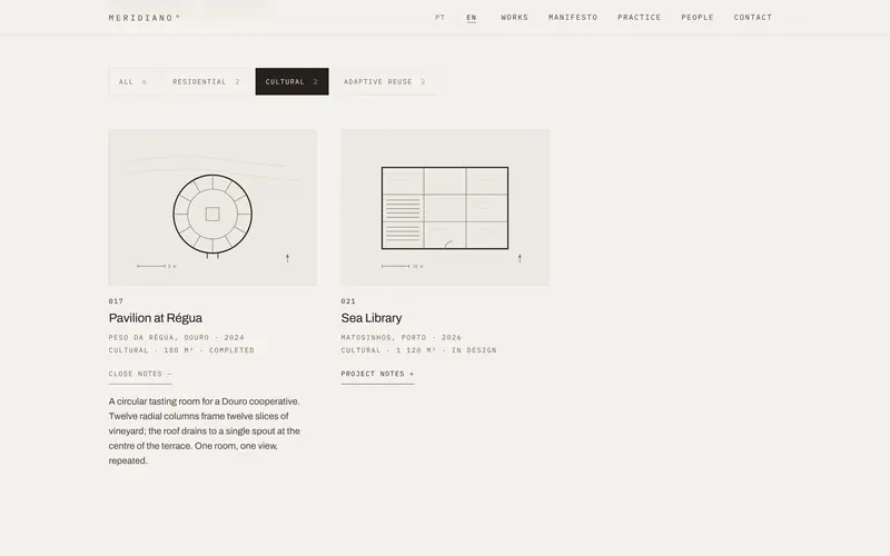 The typology filter, with one project’s notes open.