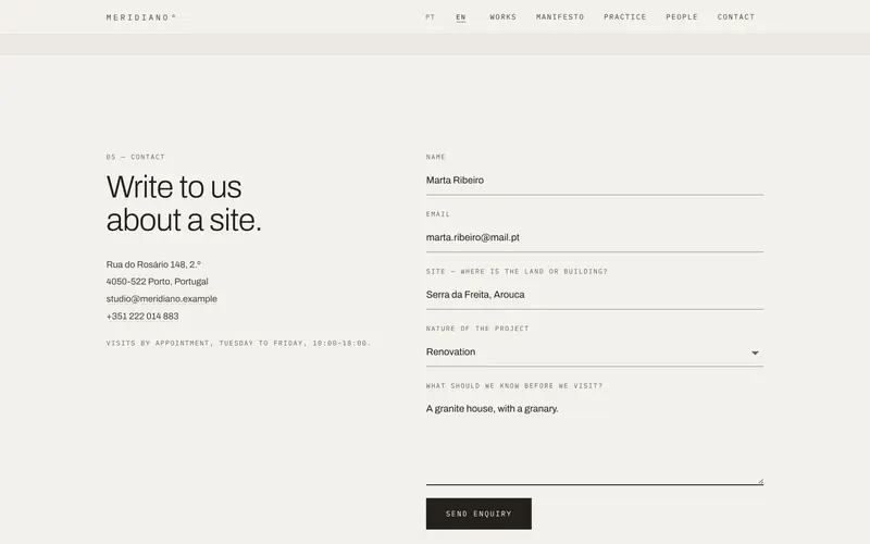 The form: name, email, site, type of project and message.