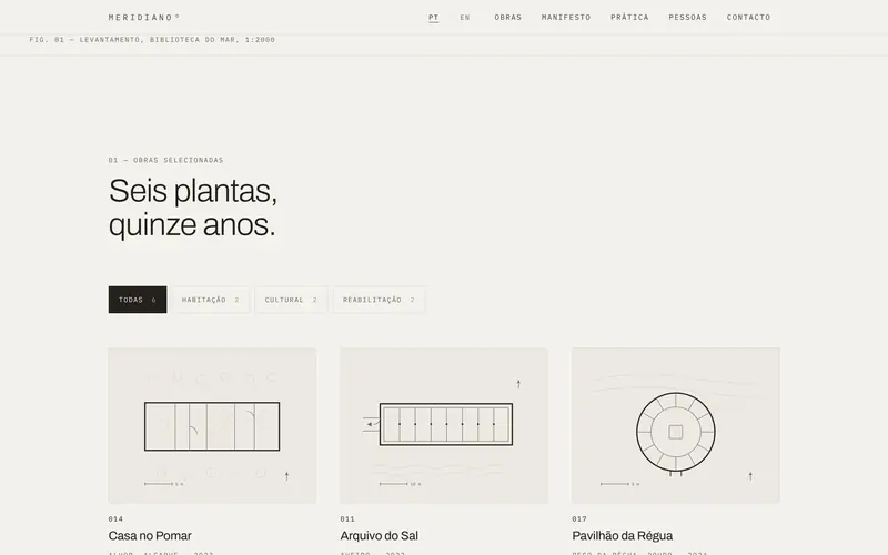 Seis obras em planta, com número, ano, área e estado.