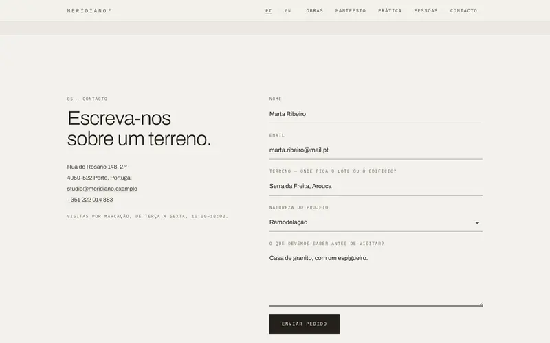 O formulário: nome, email, terreno, tipo de projeto e mensagem.