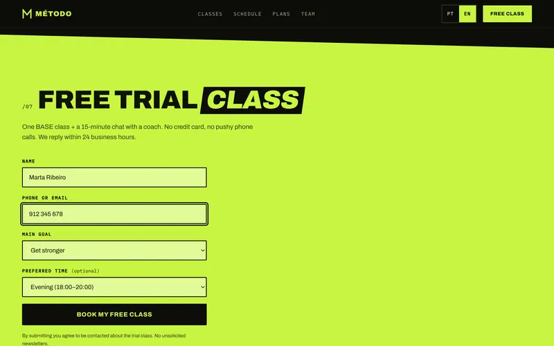 The trial class request, filled in within seconds.