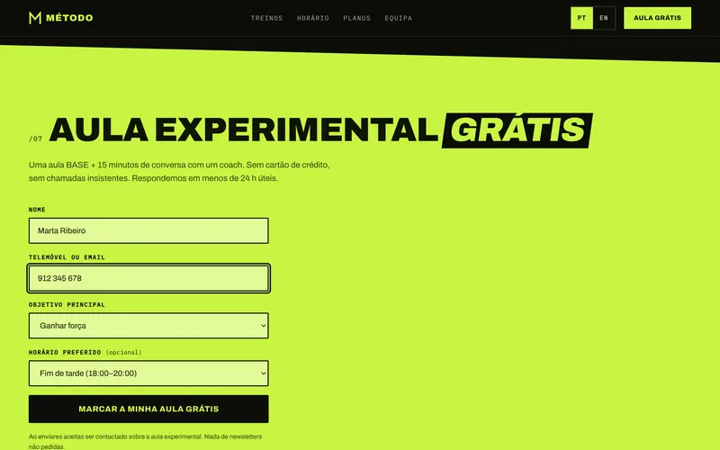 O pedido de aula experimental, preenchido em segundos.
