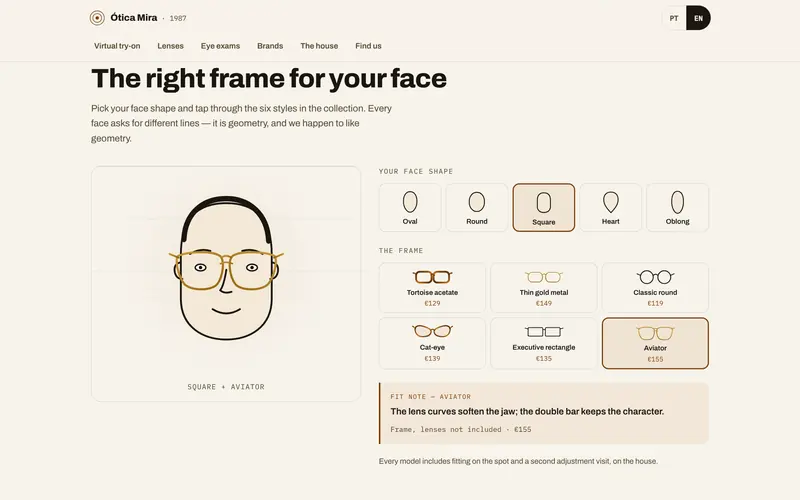 The frame try-on: six frames on five illustrated faces.