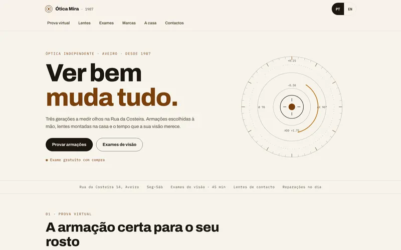 Página inicial: a casa, a prova de armações e os exames.