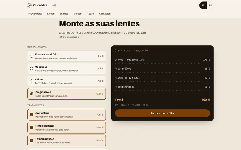 O configurador de lentes: uso, tratamentos e recibo com total.