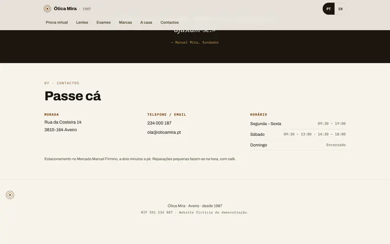 Morada, contactos e horário.