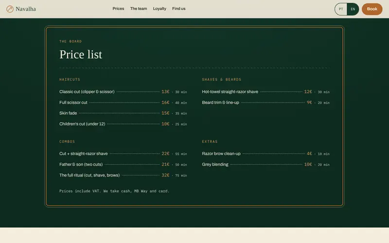 The price board: cuts, shaves, combos and extras, with timings.