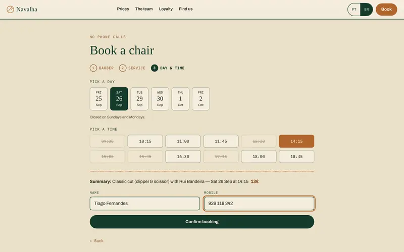 The booking summary, then just a name and mobile.