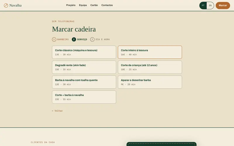 Passo 2: o serviço, com preço e duração.