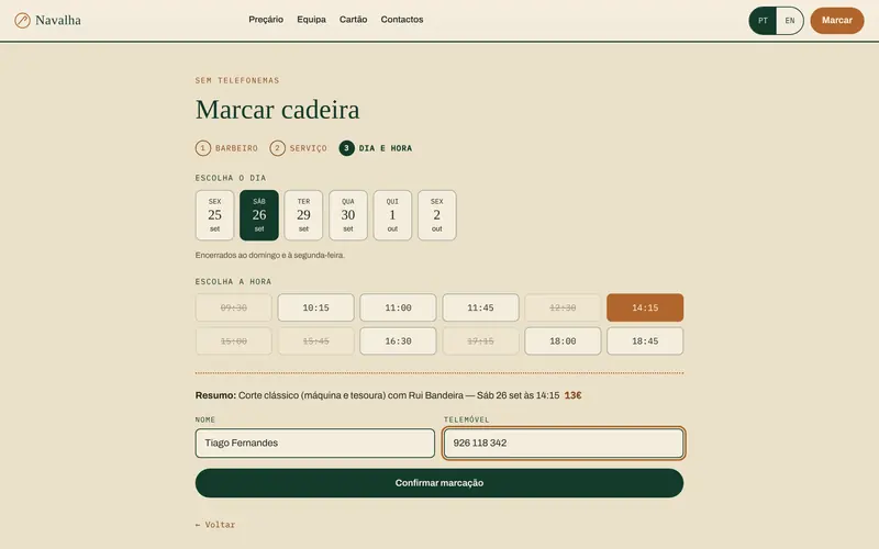 O resumo da marcação, e só nome e telemóvel.