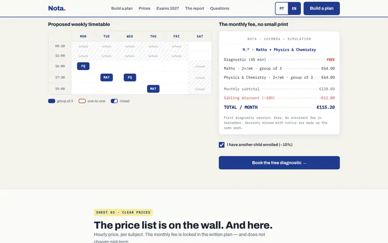 The timetable and monthly fee, with the sibling discount.