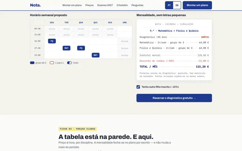 O horário e a mensalidade, com o desconto de irmãos.