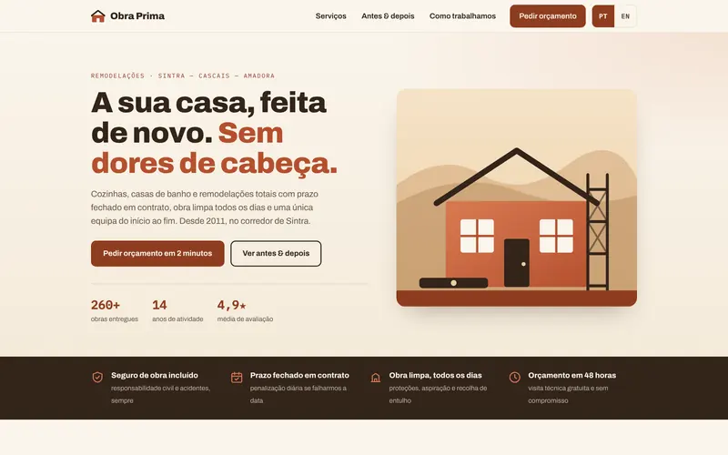 Página inicial: a promessa, os números e os compromissos da casa.