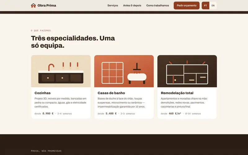 Os serviços: cozinhas, casas de banho e remodelação total, com preço de partida.