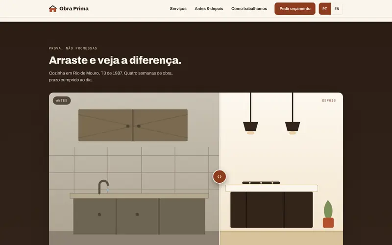 Antes e depois, com uma divisória que se arrasta.